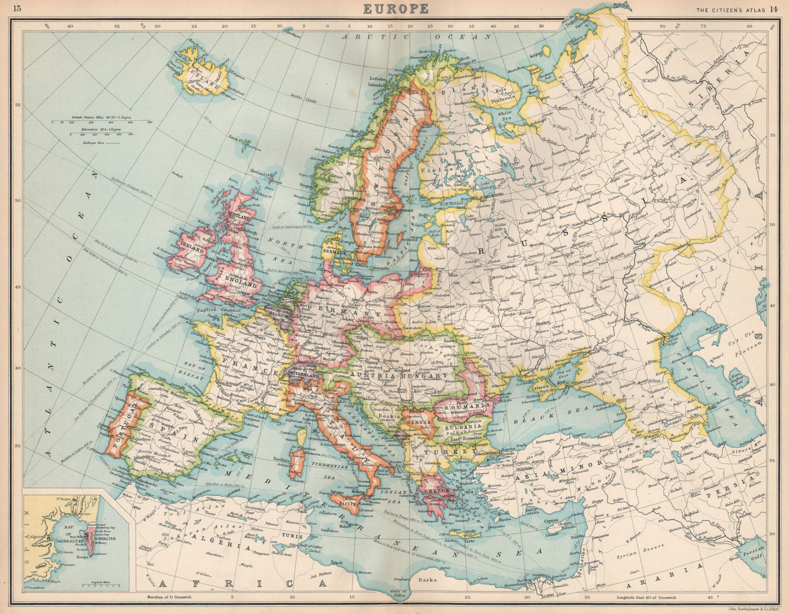 EUROPE. Political map. Shipping routes. Telegraph cables. BARTHOLOMEW 1912